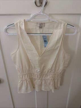 LOFT Cream V-Neck Smocked Waist Sleeveless Top